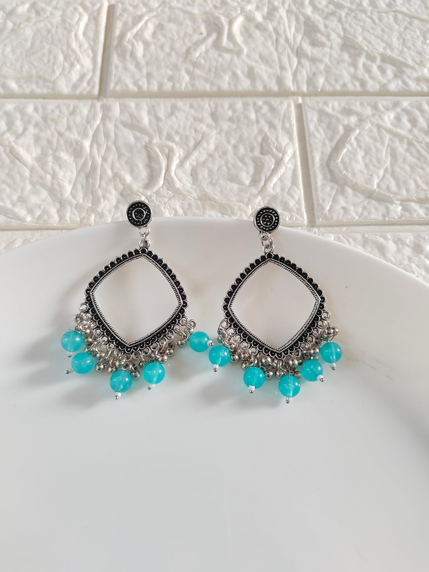 Silver Square Blue Beaded Jhumka Base - 1 Pair