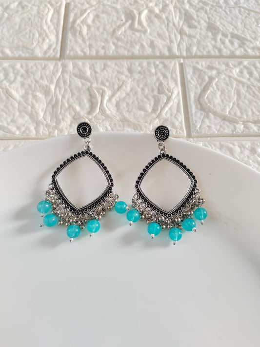 Silver Square Blue Beaded Jhumka Base - 1 Pair