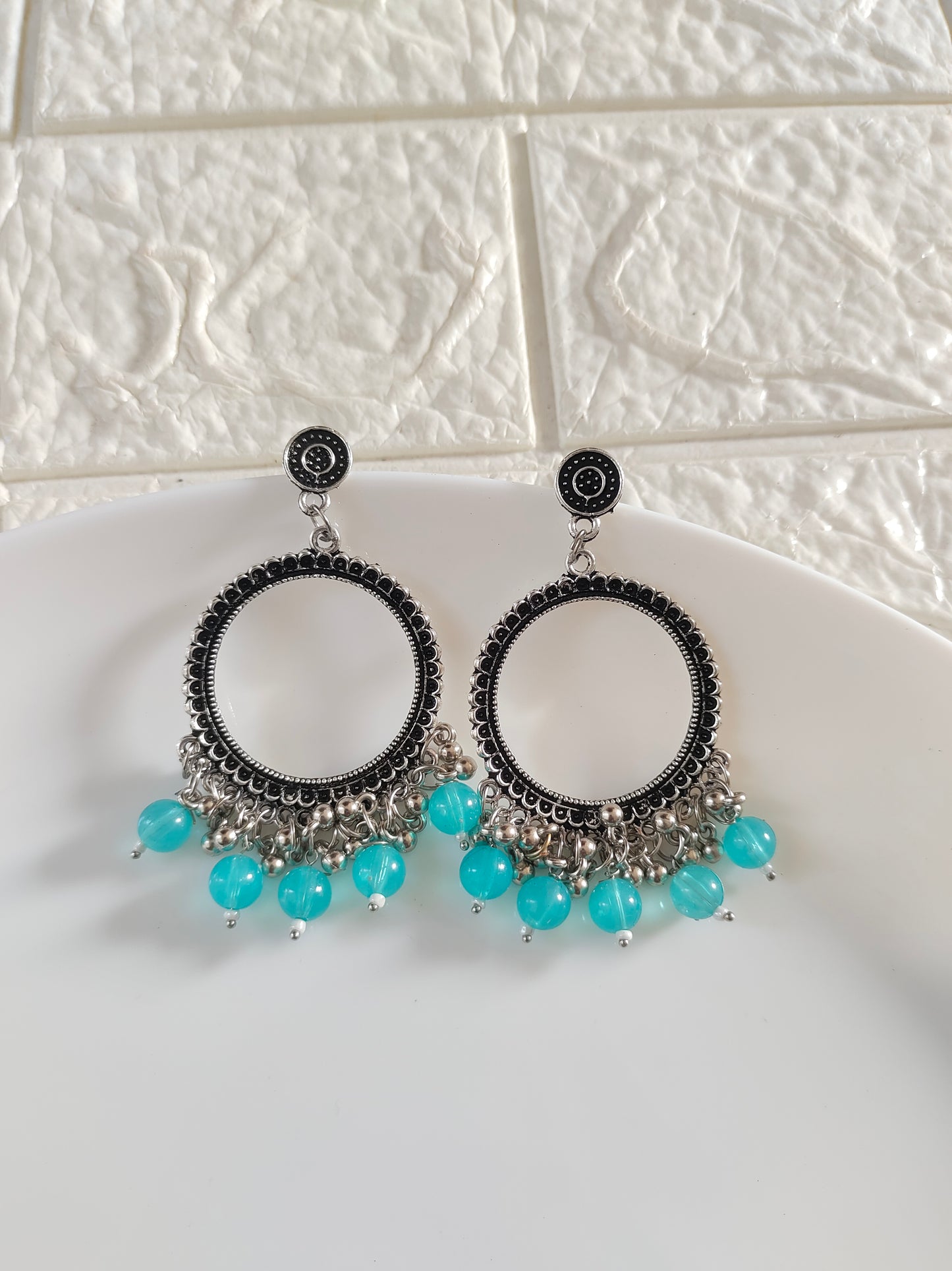 Round Blue Beaded Jhumka Base - 1 Pair