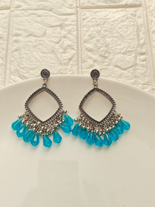 Silver Square Light Blue Drop Beaded Jhumka Base - 1 Pair