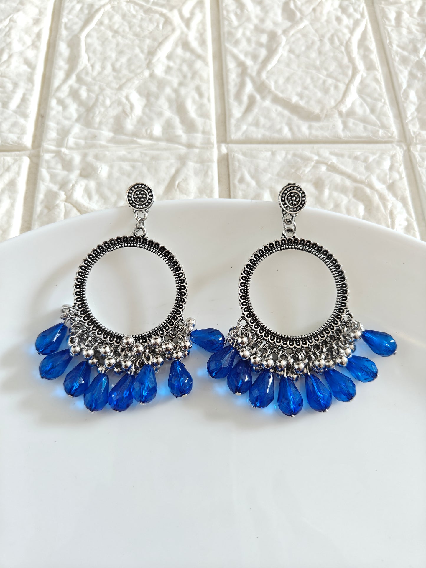 Silver Round Dark Blue Drop Beaded Jhumka Base - 1 Pair