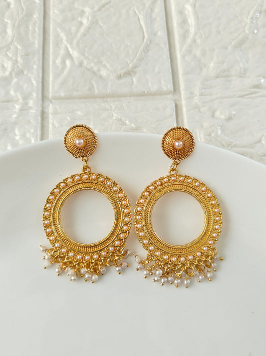 Gold Round White Pearl Beaded Jhumka Base - 1 Pair