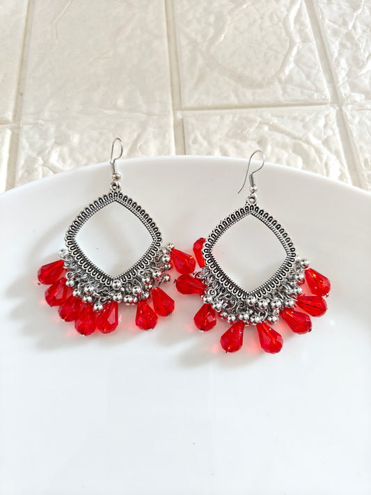 Silver Square Red Drop Beaded Hook Jhumka Base - 1 Pair