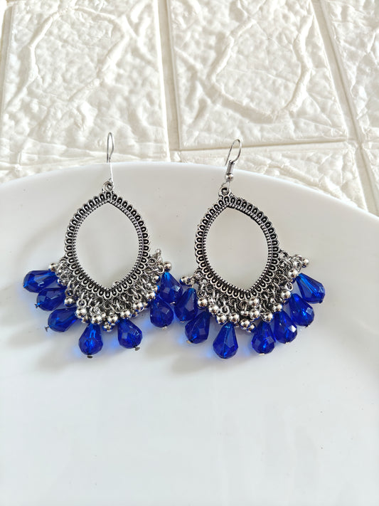 Silver Evil Eye Dark Blue Hook Drop Beaded Jhumka Base - 1 Pair