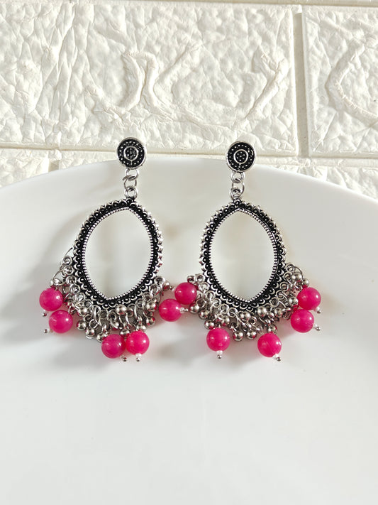 Silver Evil Eye Rani Pink Beaded Jhumka Base - 1 Pair