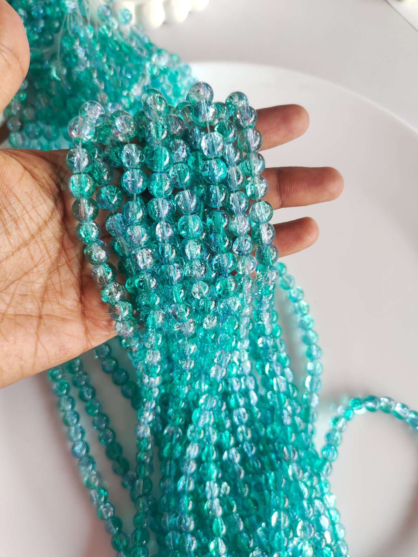Dual Shade Crackle Beads 8mm Aqua Green & White - approx. 100 beads