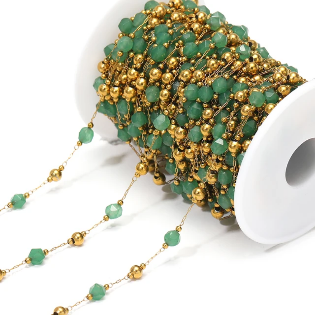 6mm Green Stone Stainless Steel Chain - 1 Feet (30cms)