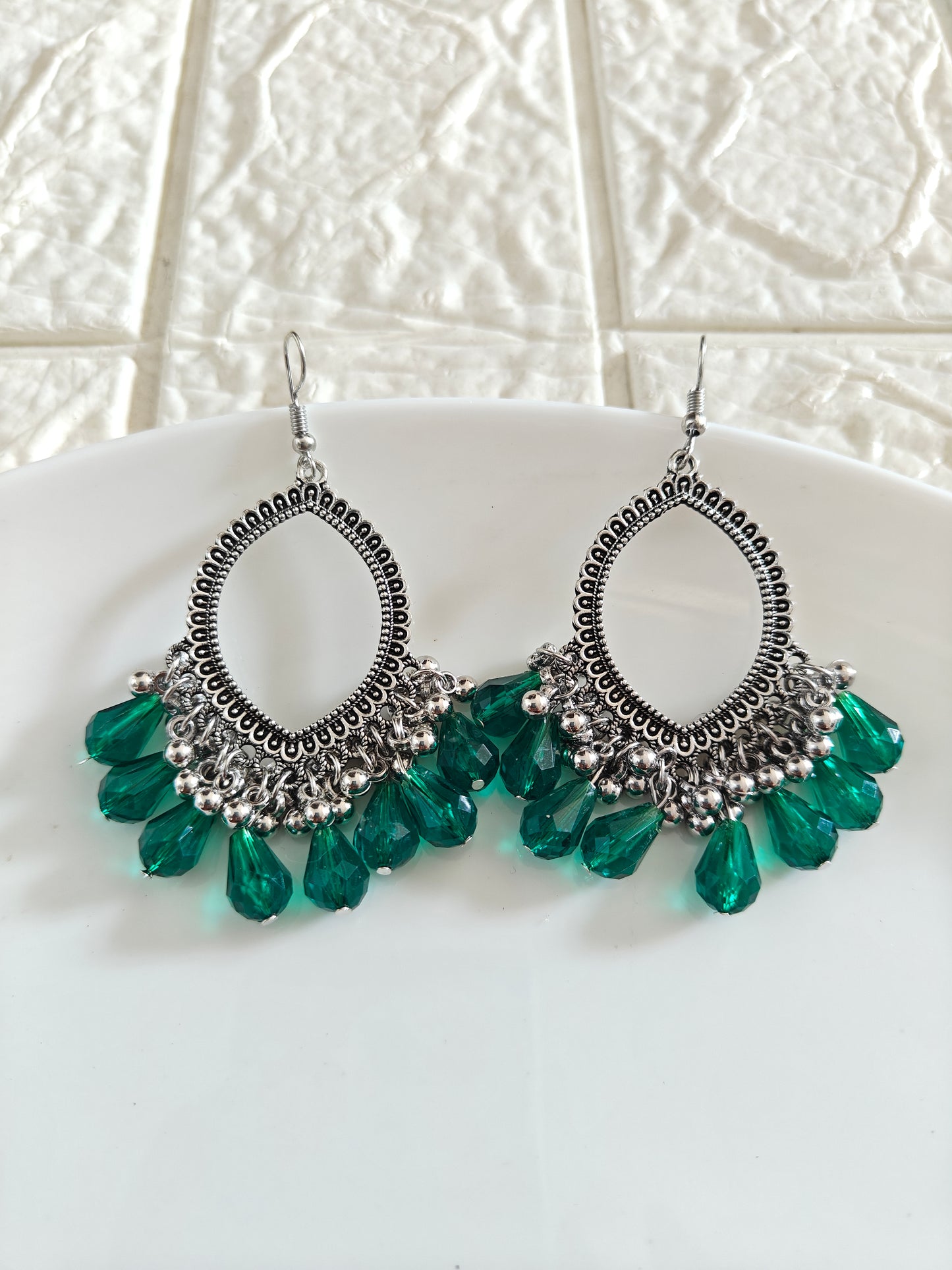 Silver Evil Eye Green Hook Drop Beaded Jhumka Base - 1 Pair