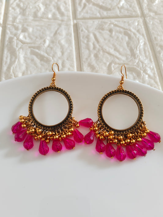 Gold Circle Dark Pink Drop Beaded Hook Jhumka Base - 1 Pair