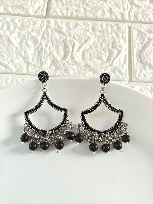 Silver Petal Black Beaded Jhumka Base - 1 Pair