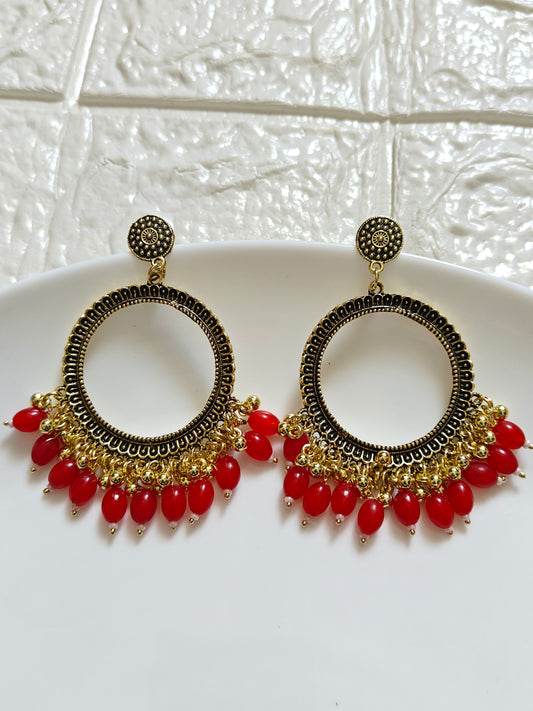 SH Gold Round Red Beaded Jhumka Base - 1 Pair