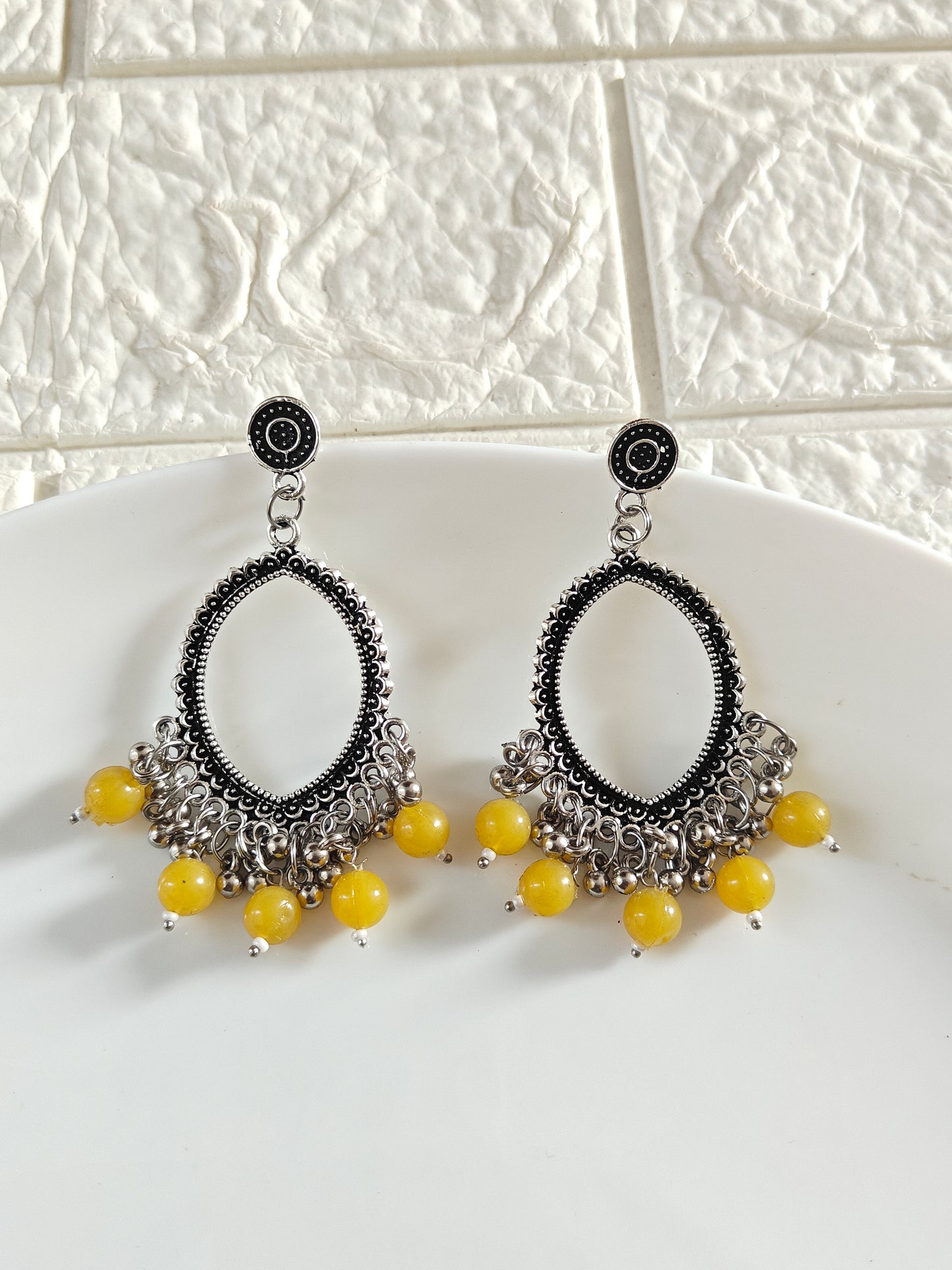 Silver Evil Eye Yellow Beaded Jhumka Base - 1 Pair