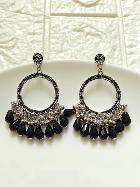 Silver Round Black Drop Beaded Jhumka Base - 1 Pair