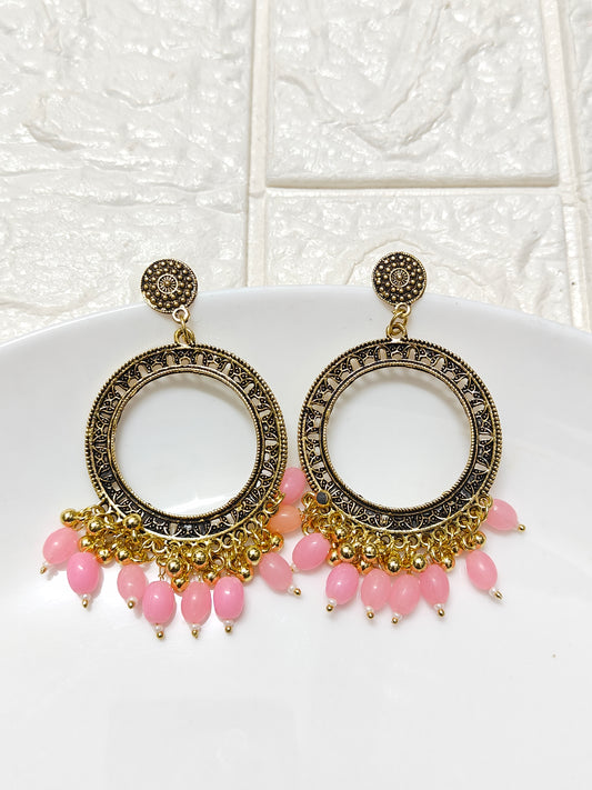 SH Gold Round Pink Beaded Jhumka Base - 1 Pair