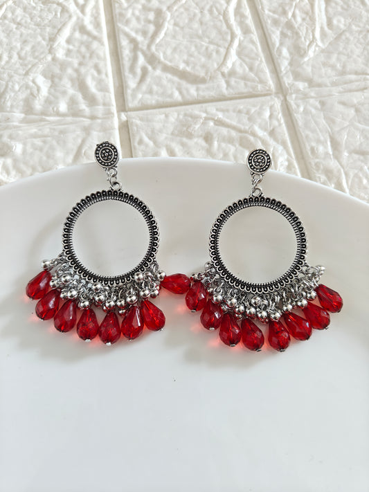 Silver Round Maroon Drop Beaded Jhumka Base - 1 Pair
