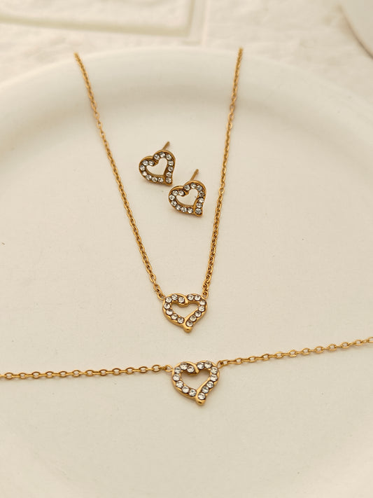 Heart Charm Combo Set - Stud, Chain, Bracelet