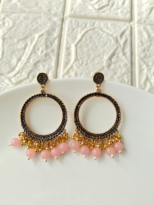Gold Round Pink Beaded Jhumka Base - 1 Pair