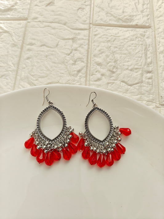 Silver Evil Eye Red Hook Drop Beaded Jhumka Base - 1 Pair