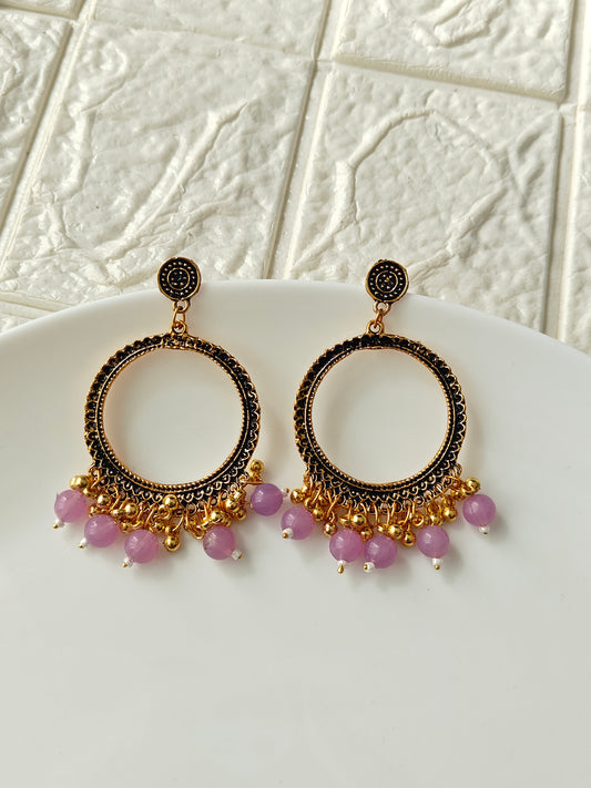 Gold Round Purple Beaded Jhumka Base - 1 Pair