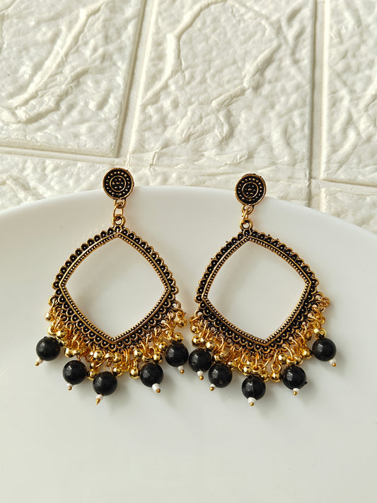 Gold Square Black Beaded Jhumka Base - 1 Pair
